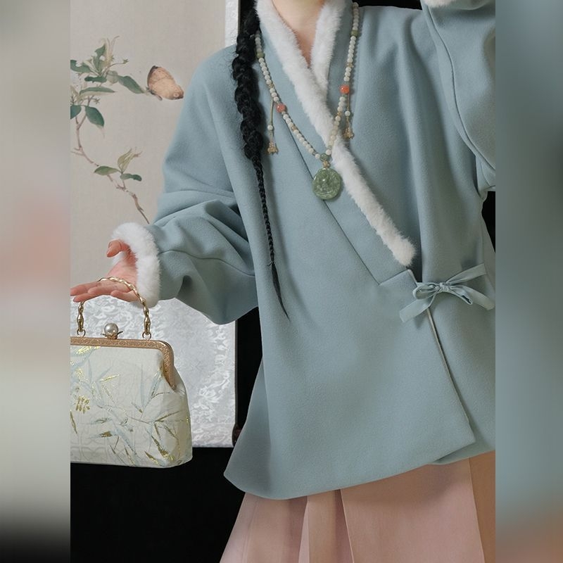 Hanfu Ming za žene s preklopnim ovratnikom, flis podstava, rukavi s lukom i dotjerana Mamian suknja, svakodnevni zimski komplet