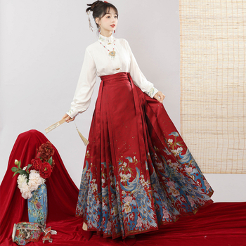 Ženska Hanfu haljina Ming stil s zlatnom vezom i cvjetnim motivima, suknja s horse-face dizajnom, svakodnevni set, 2024