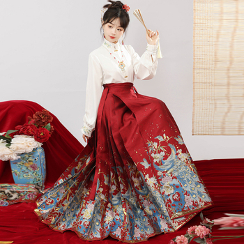 Ženska Hanfu haljina Ming stil s zlatnom vezom i cvjetnim motivima, suknja s horse-face dizajnom, svakodnevni set, 2024