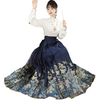 Ženska Hanfu haljina Ming stil s zlatnom vezom i cvjetnim motivima, suknja s horse-face dizajnom, svakodnevni set, 2024