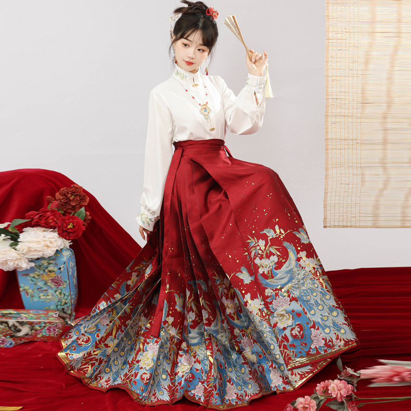 Ženska Hanfu haljina Ming stil s zlatnom vezom i cvjetnim motivima, suknja s horse-face dizajnom, svakodnevni set, 2024