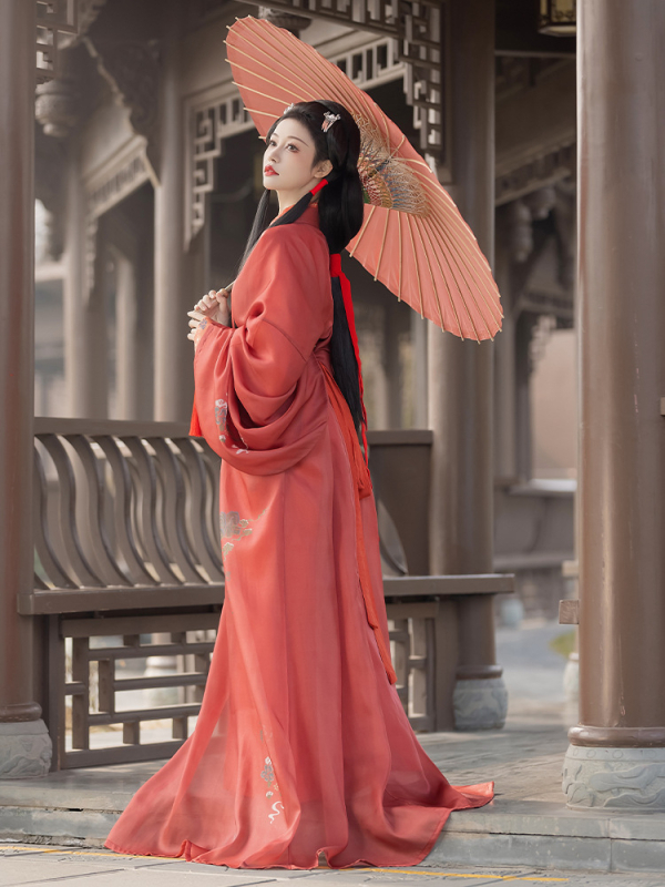 Hanfu haljina inspirirana dinastijom Han, restaurirani drevni kineski kostim s tekućim dugim rukavima i pravim rubom, geometrijska vezenina, poliester, ljeto