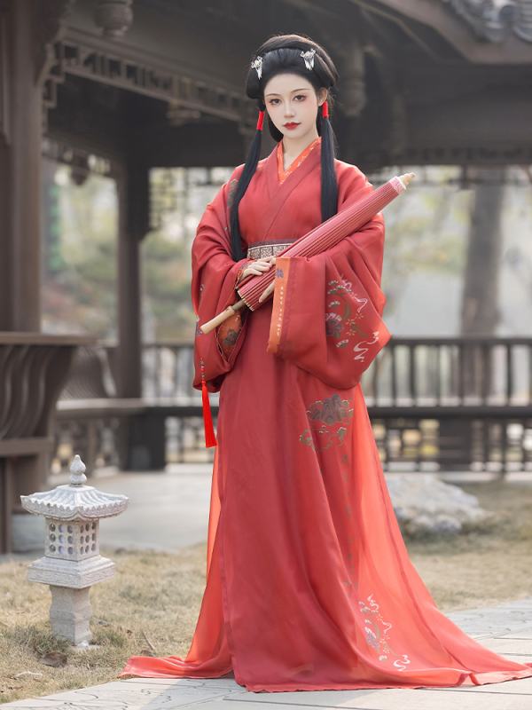 Hanfu haljina inspirirana dinastijom Han, restaurirani drevni kineski kostim s tekućim dugim rukavima i pravim rubom, geometrijska vezenina, poliester, ljeto