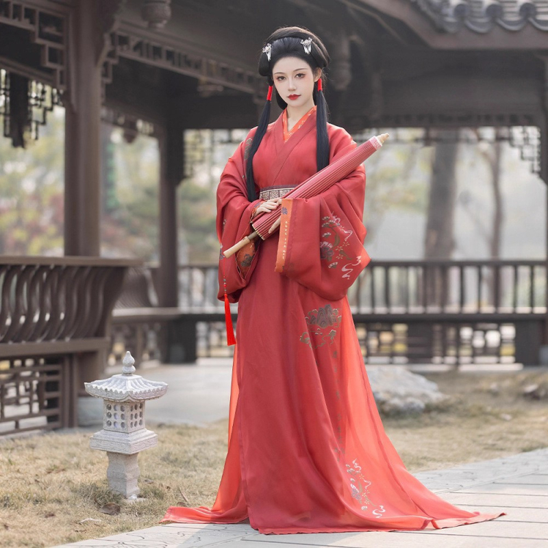 Hanfu haljina inspirirana dinastijom Han, restaurirani drevni kineski kostim s tekućim dugim rukavima i pravim rubom, geometrijska vezenina, poliester, ljeto