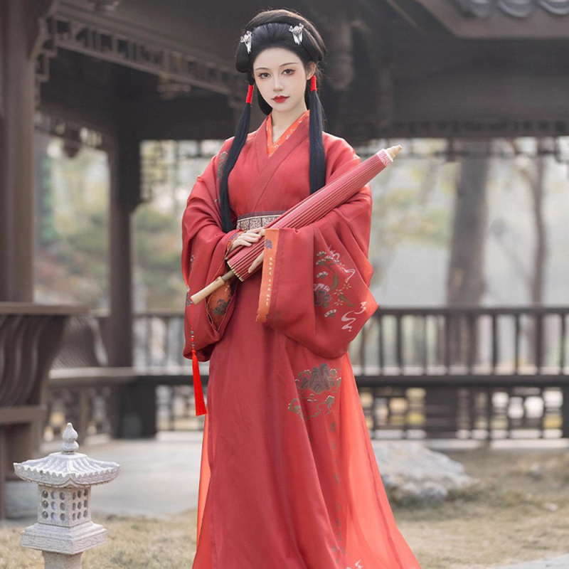 Hanfu haljina inspirirana dinastijom Han, restaurirani drevni kineski kostim s tekućim dugim rukavima i pravim rubom, geometrijska vezenina, poliester, ljeto