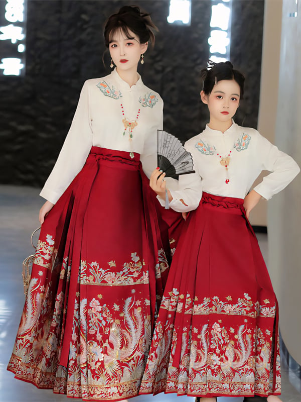 Hanfu suknja za majku i kćer, s perom feniksa, zlatnim brokatom i cvjetnim vezom, kineski stil