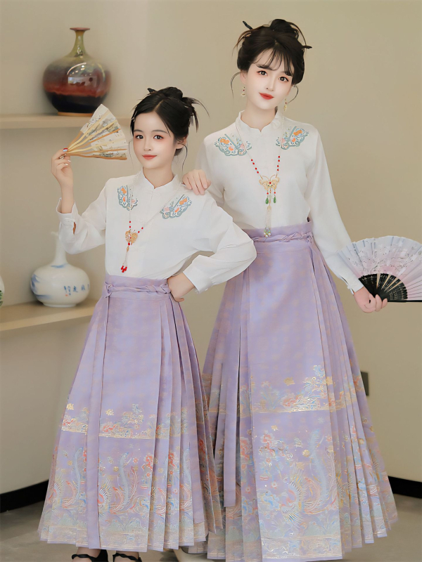 Hanfu suknja za majku i kćer, s perom feniksa, zlatnim brokatom i cvjetnim vezom, kineski stil