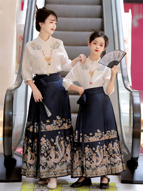 Hanfu suknja za majku i kćer, s perom feniksa, zlatnim brokatom i cvjetnim vezom, kineski stil