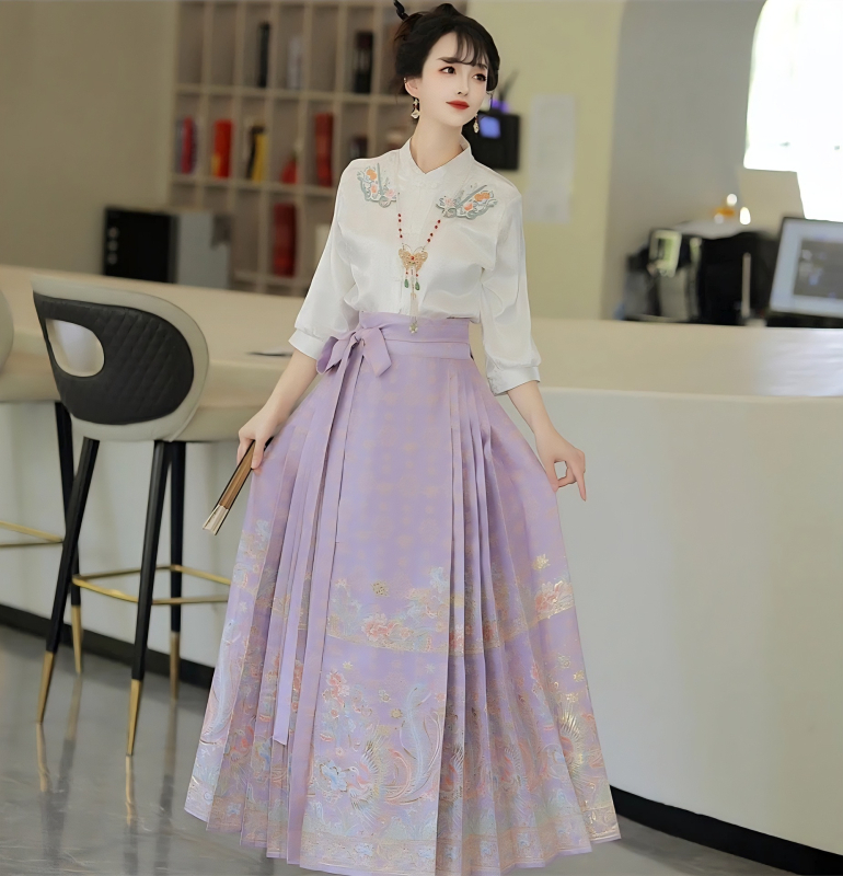Hanfu suknja za majku i kćer, s perom feniksa, zlatnim brokatom i cvjetnim vezom, kineski stil