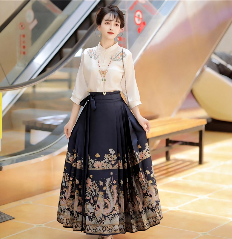 Hanfu suknja za majku i kćer, s perom feniksa, zlatnim brokatom i cvjetnim vezom, kineski stil