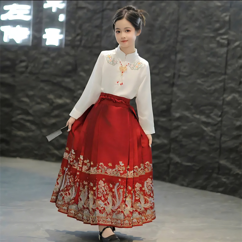 Hanfu suknja za majku i kćer, s perom feniksa, zlatnim brokatom i cvjetnim vezom, kineski stil