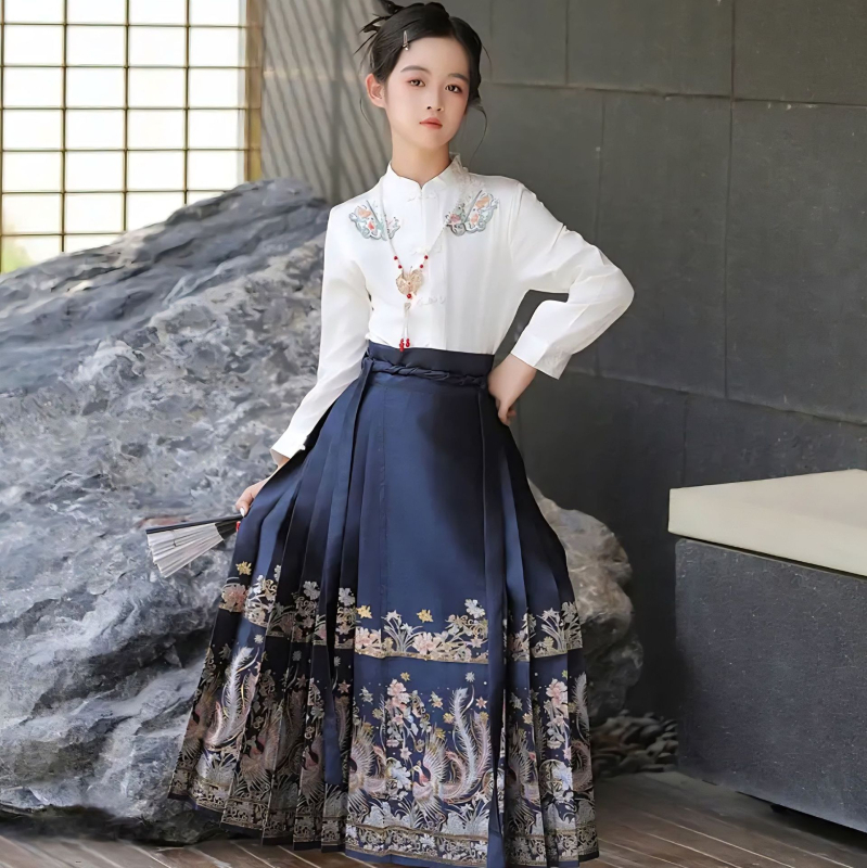 Hanfu suknja za majku i kćer, s perom feniksa, zlatnim brokatom i cvjetnim vezom, kineski stil