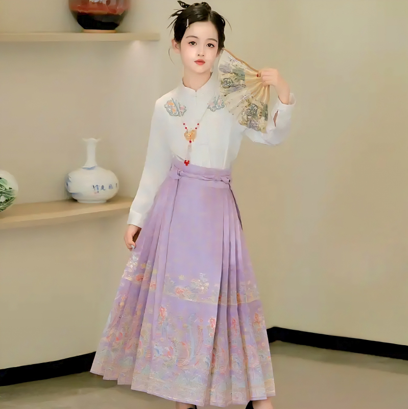 Hanfu suknja za majku i kćer, s perom feniksa, zlatnim brokatom i cvjetnim vezom, kineski stil