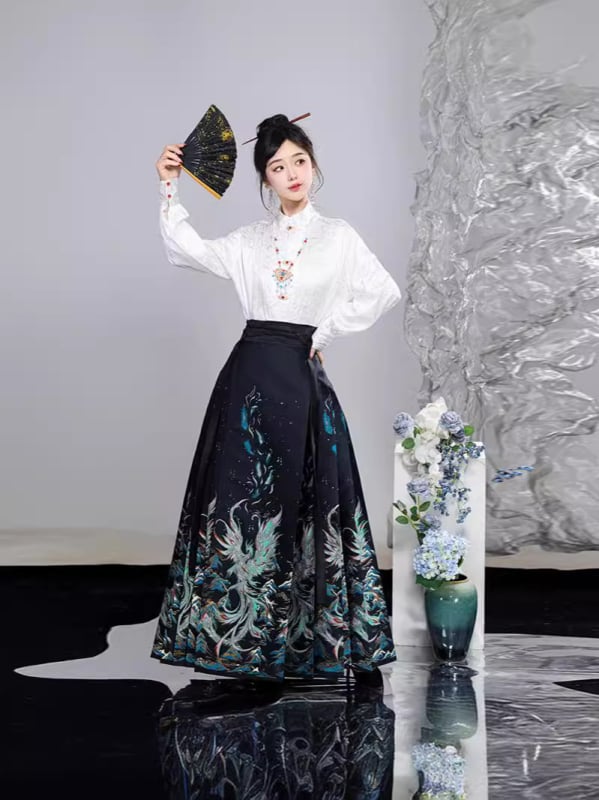Izvorni Hanfu u Ming stilu set s topom s polu-visokim ovratnikom i suknjom s cvjetnim uzorkom te uzorkom konjske glave, 3D uzorak, novi stil 2023