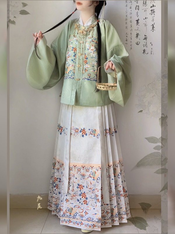 Hanfu dinastije Ming za žene, jacquard haljina s kvadratnim ovratnikom, patchwork, rukavi Pipa, suknja s konjskim licem, dugi rukavi, visoki struk