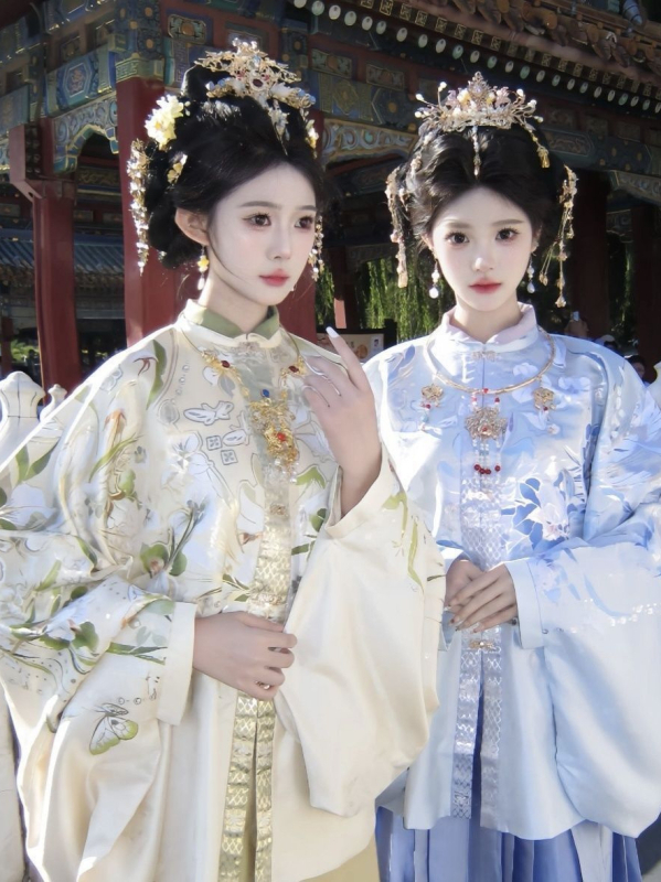 Hanfu u Ming dinastije za plemenite žene, raskošno tkan zlatnim nitima dvostruko zakopčana bluza, luksuzna teška vez, okrugli ovratnik, stojeći ovratnik, duga haljina za proljeće i jesen