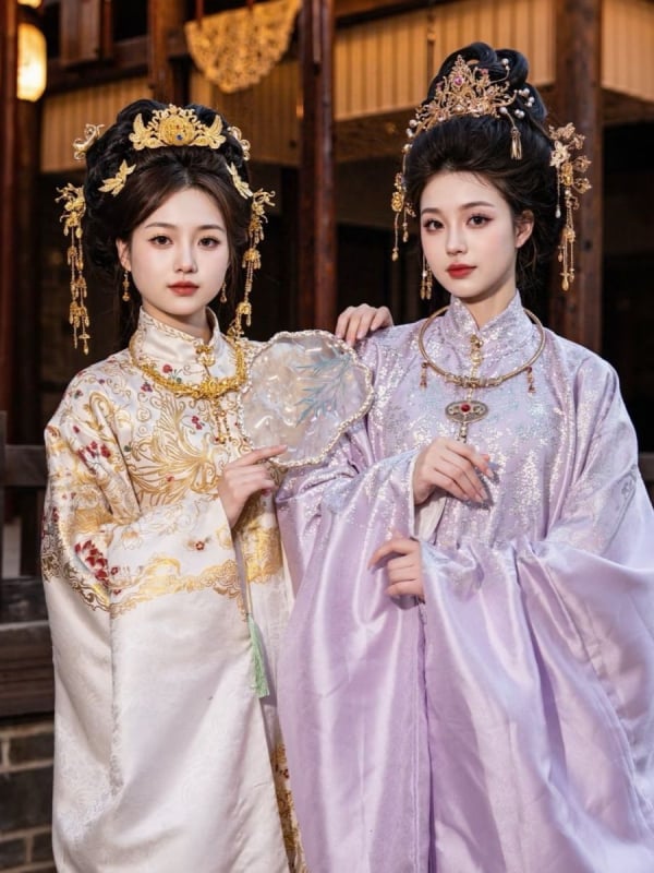Hanfu u Ming dinastije za plemenite žene, raskošno tkan zlatnim nitima dvostruko zakopčana bluza, luksuzna teška vez, okrugli ovratnik, stojeći ovratnik, duga haljina za proljeće i jesen