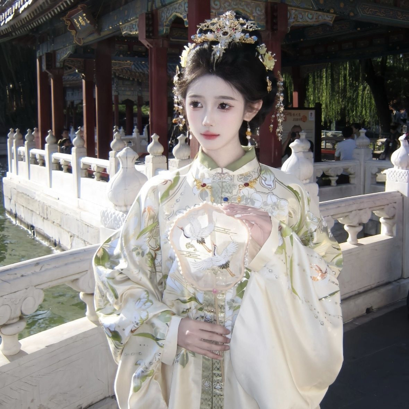 Hanfu u Ming dinastije za plemenite žene, raskošno tkan zlatnim nitima dvostruko zakopčana bluza, luksuzna teška vez, okrugli ovratnik, stojeći ovratnik, duga haljina za proljeće i jesen
