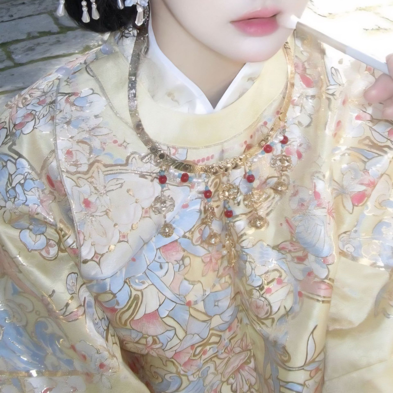 Hanfu u Ming dinastije za plemenite žene, raskošno tkan zlatnim nitima dvostruko zakopčana bluza, luksuzna teška vez, okrugli ovratnik, stojeći ovratnik, duga haljina za proljeće i jesen