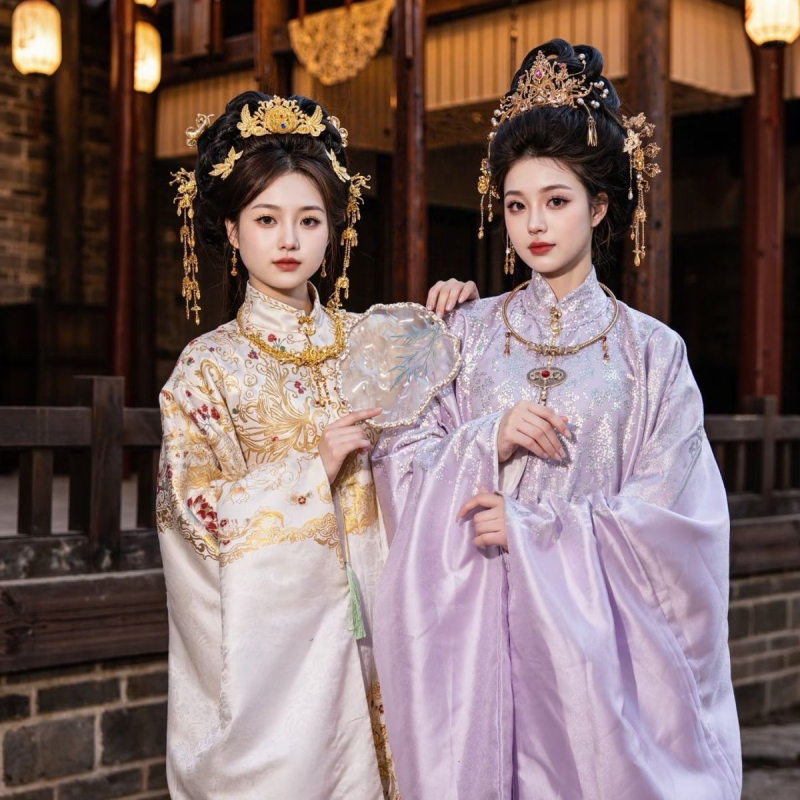 Hanfu u Ming dinastije za plemenite žene, raskošno tkan zlatnim nitima dvostruko zakopčana bluza, luksuzna teška vez, okrugli ovratnik, stojeći ovratnik, duga haljina za proljeće i jesen