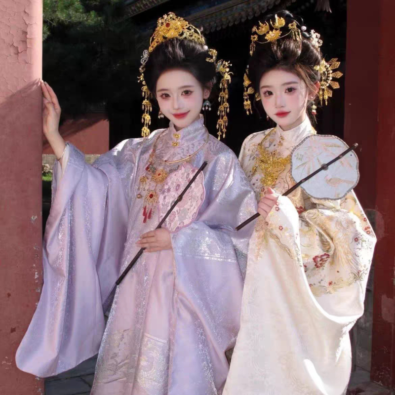 Hanfu u Ming dinastije za plemenite žene, raskošno tkan zlatnim nitima dvostruko zakopčana bluza, luksuzna teška vez, okrugli ovratnik, stojeći ovratnik, duga haljina za proljeće i jesen