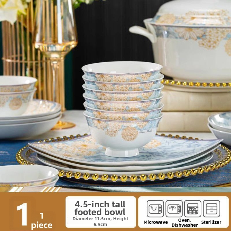 Kangqin nordic stílusú kerámia rizs tál otthoni használatra, magas lábú, égésvédett, könnyed luxus csont porcelán étkészlettel, elegáns rizs- és tészta tál