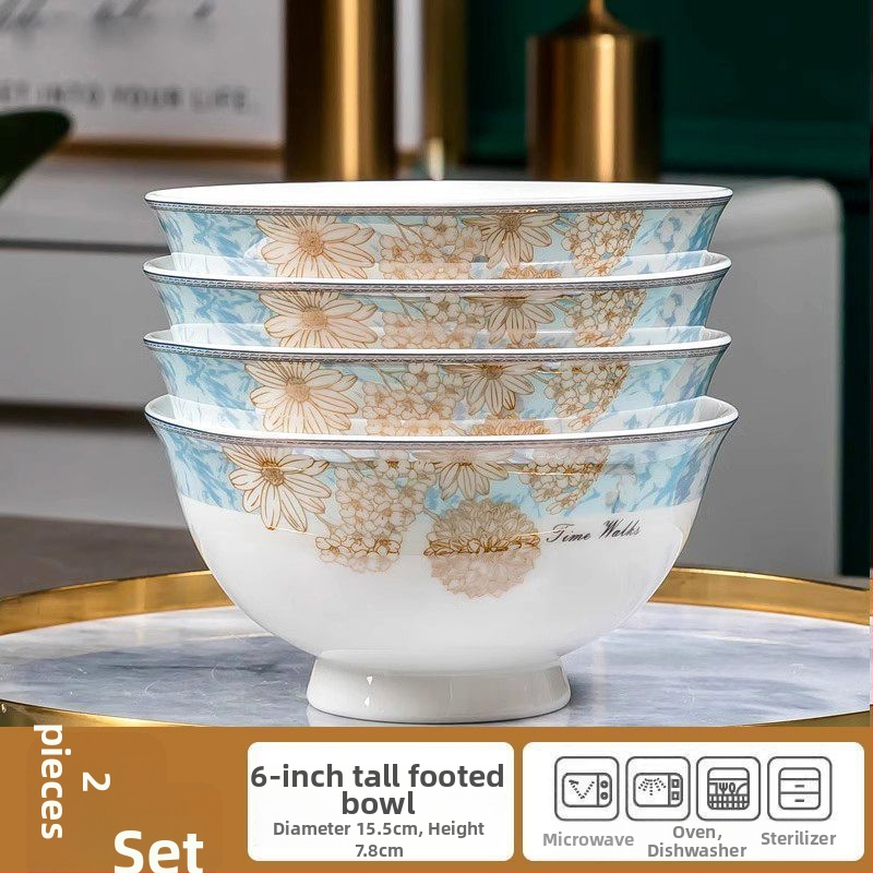 Kangqin nordic stílusú kerámia rizs tál otthoni használatra, magas lábú, égésvédett, könnyed luxus csont porcelán étkészlettel, elegáns rizs- és tészta tál