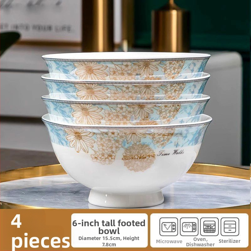 Kangqin nordic stílusú kerámia rizs tál otthoni használatra, magas lábú, égésvédett, könnyed luxus csont porcelán étkészlettel, elegáns rizs- és tészta tál