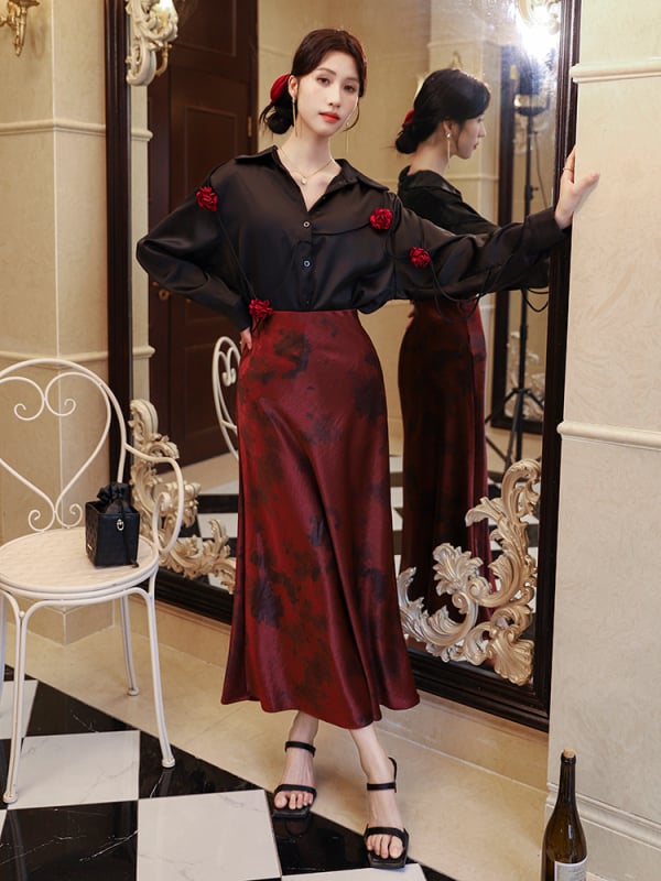 Ženska satenska suknja s printom smudge, midi duljine, fishtail kroj, elegantni uredski stil