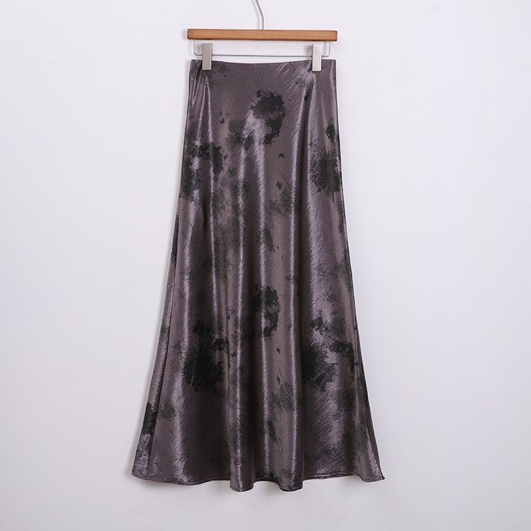 Ženska satenska suknja s printom smudge, midi duljine, fishtail kroj, elegantni uredski stil
