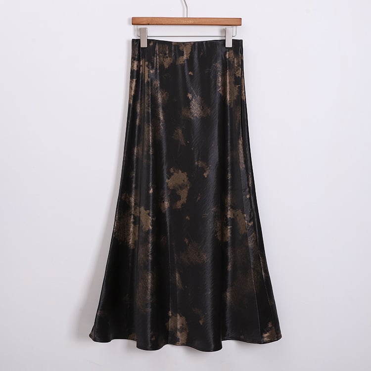 Ženska satenska suknja s printom smudge, midi duljine, fishtail kroj, elegantni uredski stil