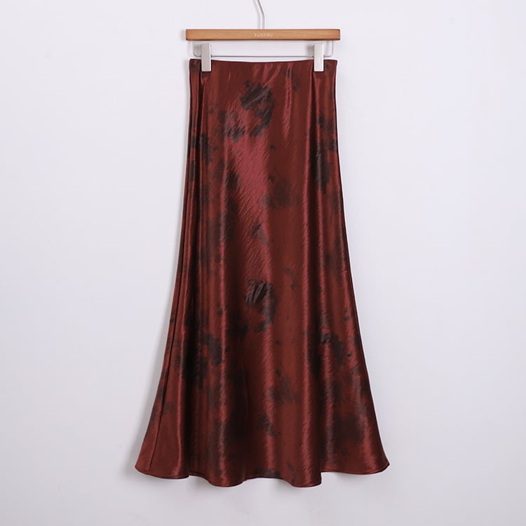 Ženska satenska suknja s printom smudge, midi duljine, fishtail kroj, elegantni uredski stil