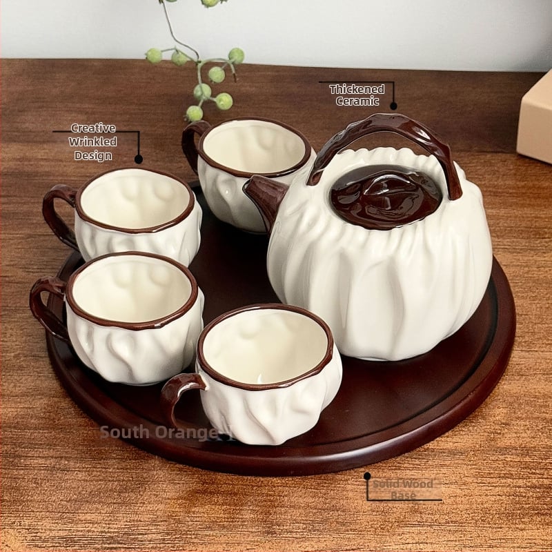 Maillard retro hnedý plisovaný čajový set so keramickým čajníkom a šálkami