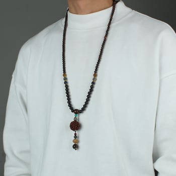 Lanac s Vajra Bodhi medaljonom od sandalovog drveta, dugačak lanac, unisex, Buddha perle, geometrijski dizajn, ručna izrada