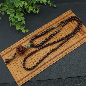 Lanac s Vajra Bodhi medaljonom od sandalovog drveta, dugačak lanac, unisex, Buddha perle, geometrijski dizajn, ručna izrada