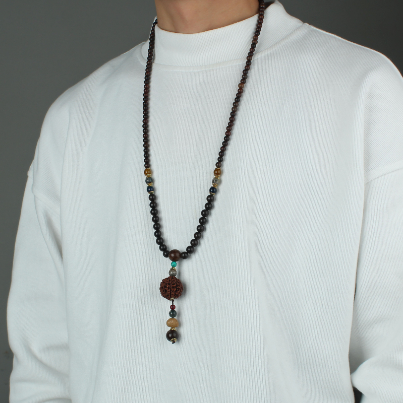 Lanac s Vajra Bodhi medaljonom od sandalovog drveta, dugačak lanac, unisex, Buddha perle, geometrijski dizajn, ručna izrada