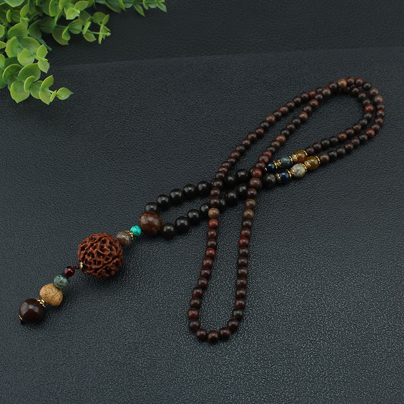 Lanac s Vajra Bodhi medaljonom od sandalovog drveta, dugačak lanac, unisex, Buddha perle, geometrijski dizajn, ručna izrada
