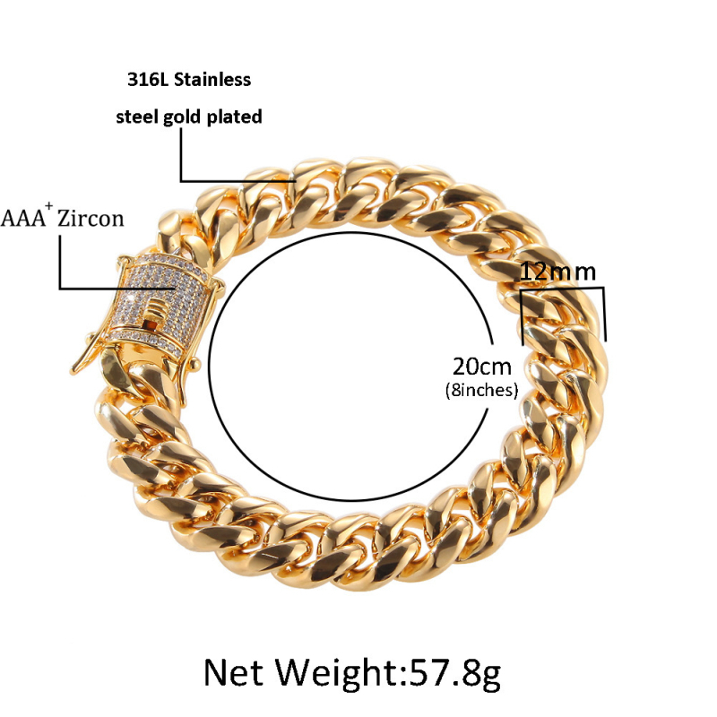 Nerđajući čelik kubanska lančana narukvica za unisex, širina 6–22 mm, zlatni ton s očuvanjem boje, duljina 51–60 cm, težina 70 g