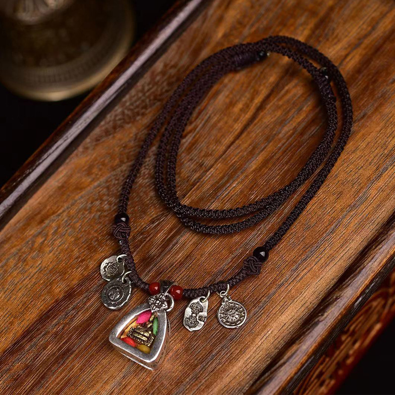 Colier din sfoară țesută manual, pandantiv în cutie din cupru vechi cu Buddha Vindecător, lanț pentru claviculă, unisex, stil halter pentru pulover