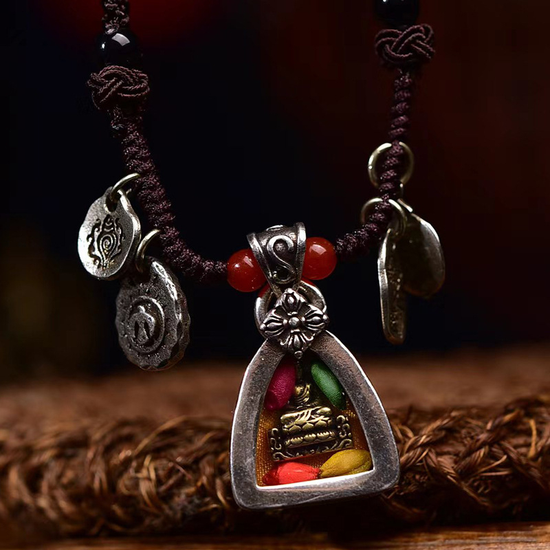 Colier din sfoară țesută manual, pandantiv în cutie din cupru vechi cu Buddha Vindecător, lanț pentru claviculă, unisex, stil halter pentru pulover