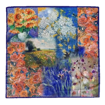 Šal s motivom biljaka u stilu uljemalbe, lagani šal od imitacije svile i pamuka, zaštita od sunca, 110×110 cm, kvadratni šal za glavu za žene