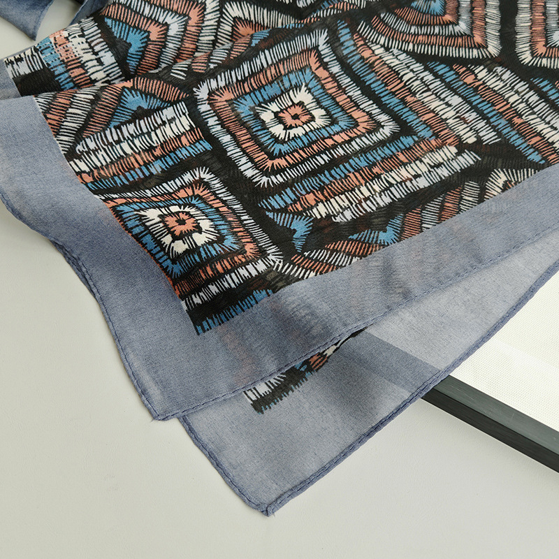 Otisnuti četvrtasti šal za žene, retro geometrijski uzorak od lažne svile i pamuka, višenamjenski šal za glavu, zaštita od sunca, poliester, 105×105 cm