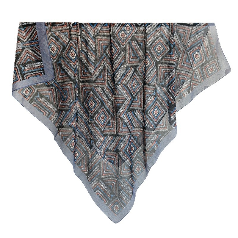 Otisnuti četvrtasti šal za žene, retro geometrijski uzorak od lažne svile i pamuka, višenamjenski šal za glavu, zaštita od sunca, poliester, 105×105 cm
