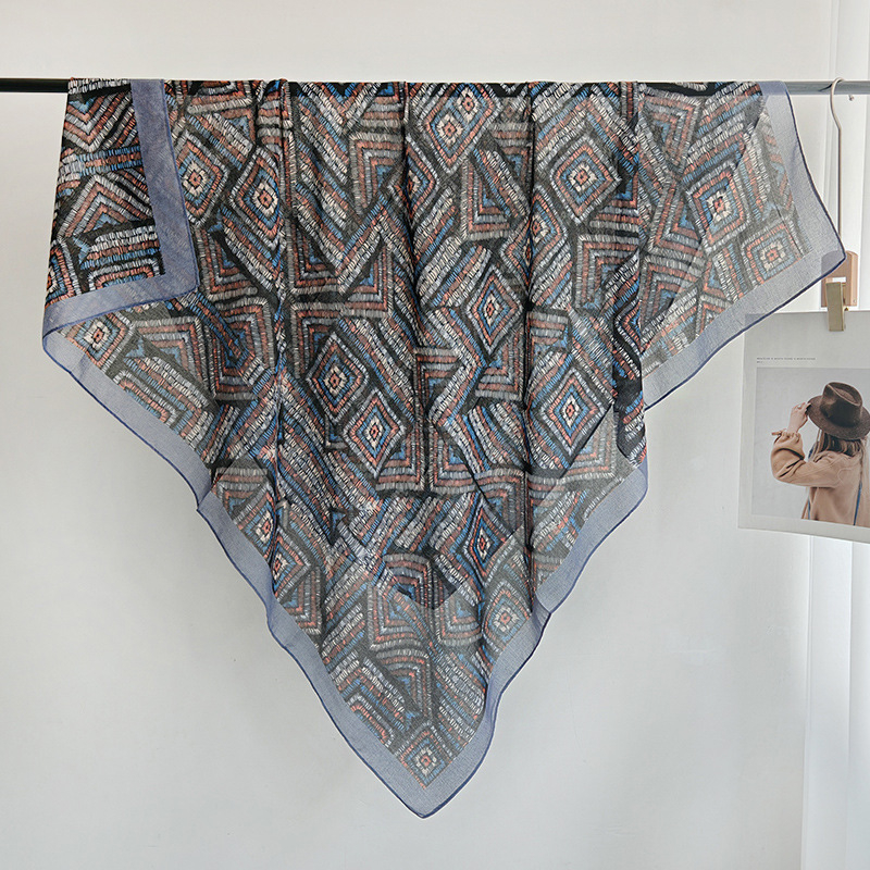 Otisnuti četvrtasti šal za žene, retro geometrijski uzorak od lažne svile i pamuka, višenamjenski šal za glavu, zaštita od sunca, poliester, 105×105 cm
