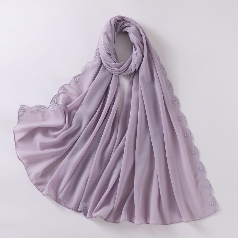 Női gyöngyhímzéses chiffon sál, maláj fejkendő, etnikai kisebbségi kendő