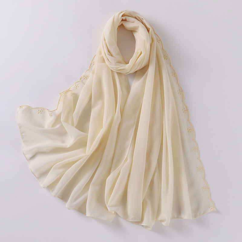 Női gyöngyhímzéses chiffon sál, maláj fejkendő, etnikai kisebbségi kendő