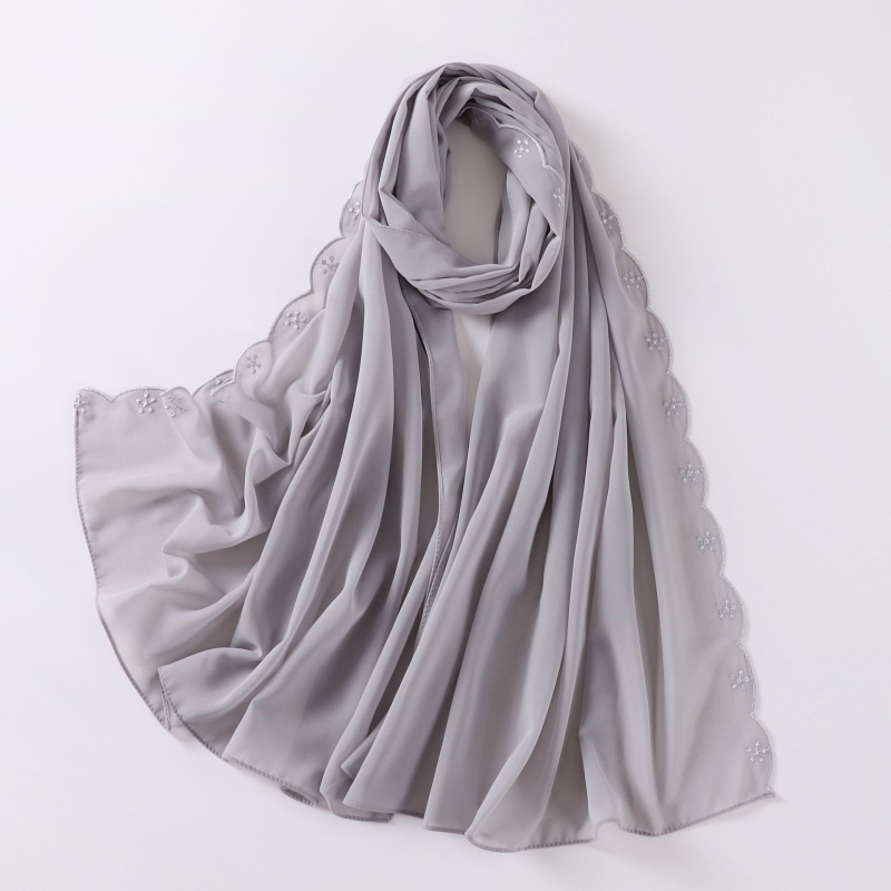 Női gyöngyhímzéses chiffon sál, maláj fejkendő, etnikai kisebbségi kendő
