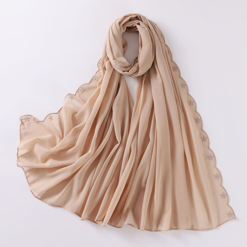 Női gyöngyhímzéses chiffon sál, maláj fejkendő, etnikai kisebbségi kendő
