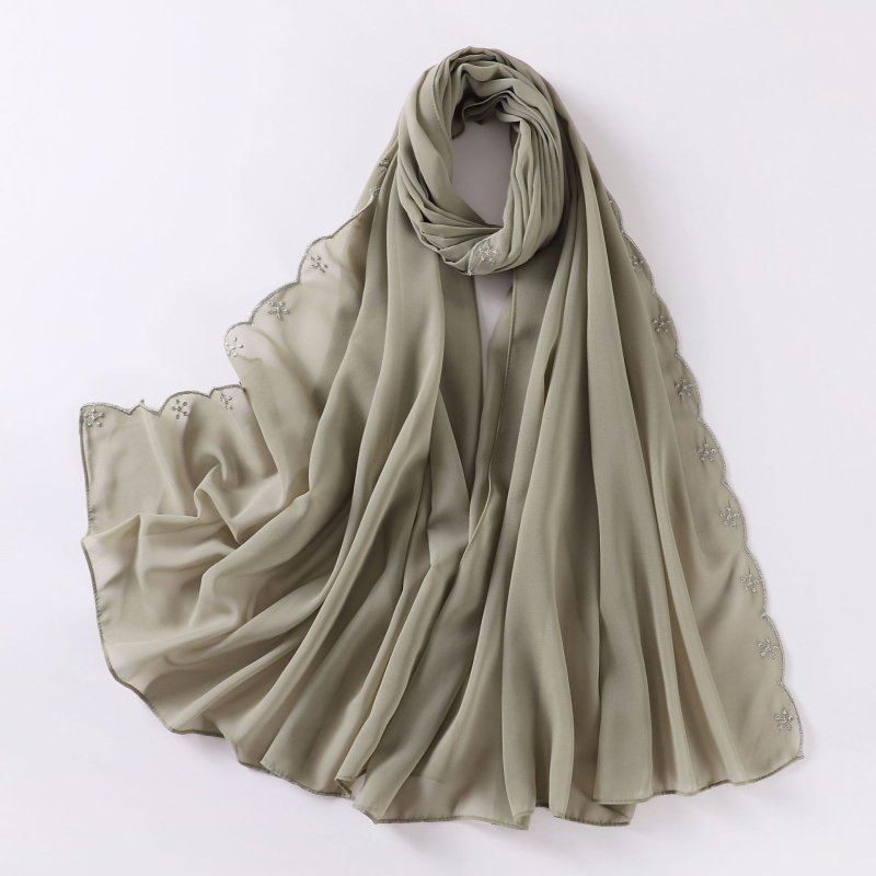 Női gyöngyhímzéses chiffon sál, maláj fejkendő, etnikai kisebbségi kendő