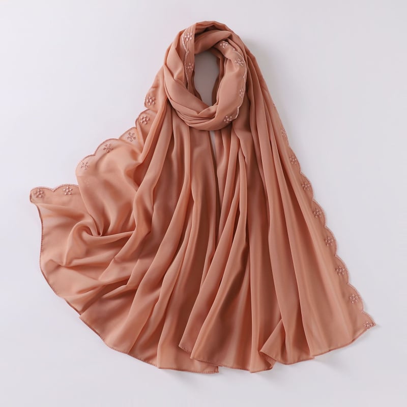 Női gyöngyhímzéses chiffon sál, maláj fejkendő, etnikai kisebbségi kendő